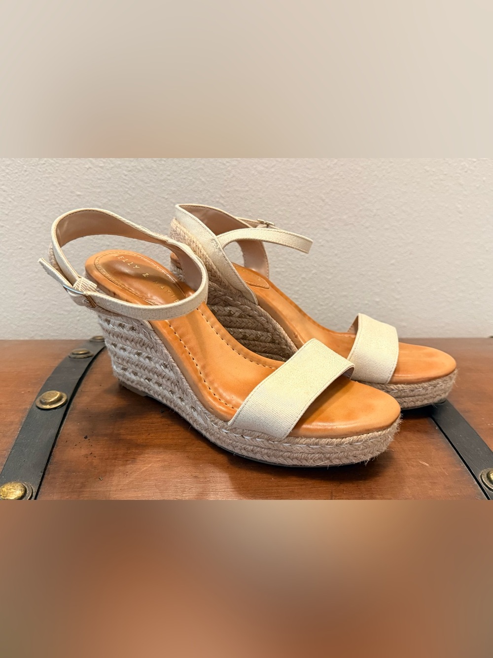 Kelly & Katie Cream Canvas and Shimmer Espadrille Wedge Sandals